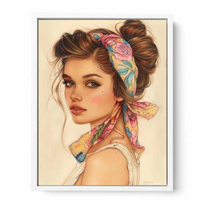 Fashion portrait canvas art of a woman with floral scarf for feminine bedroom decor.