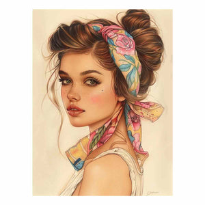Fashion portrait canvas art of a woman with floral scarf for feminine bedroom decor.