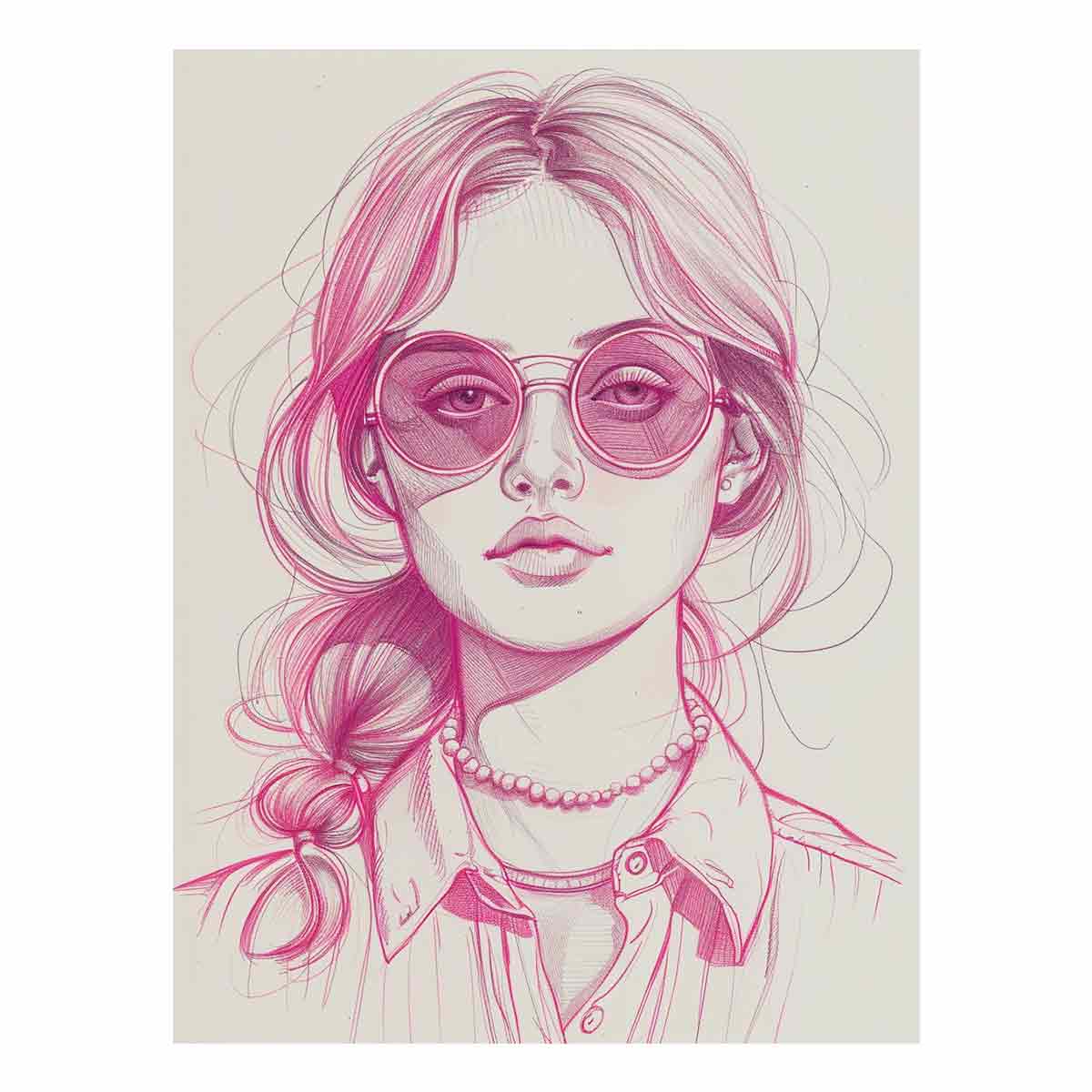 Pink fashion portrait line art with sunglasses for chic bedroom or studio decor.