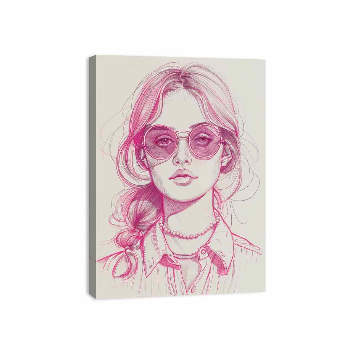 Pink fashion portrait line art with sunglasses for chic bedroom or studio decor.