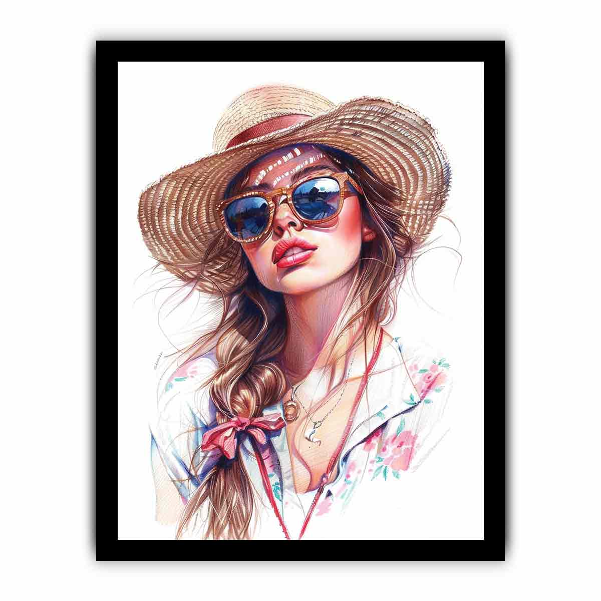 Chic fashion portrait canvas art with sun hat and sunglasses for stylish bedroom decor.