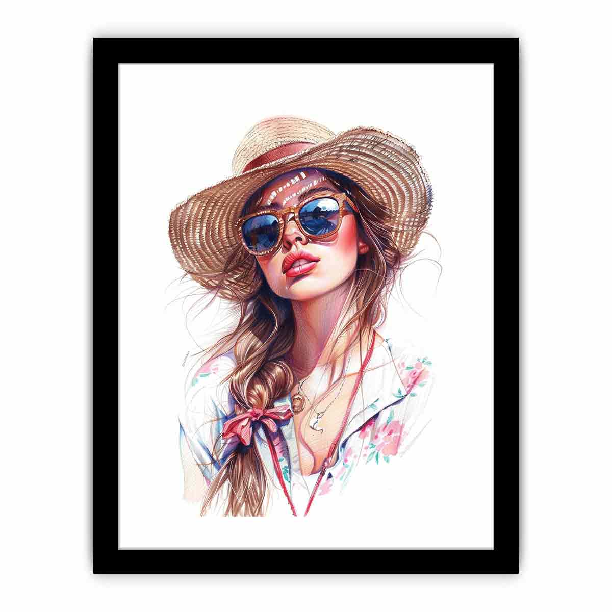 Chic fashion portrait canvas art with sun hat and sunglasses for stylish bedroom decor.
