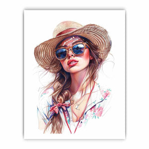 Chic fashion portrait canvas art with sun hat and sunglasses for stylish bedroom decor.