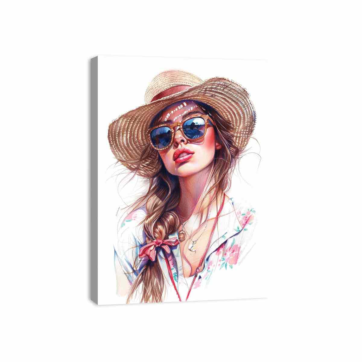 Chic fashion portrait canvas art with sun hat and sunglasses for stylish bedroom decor.