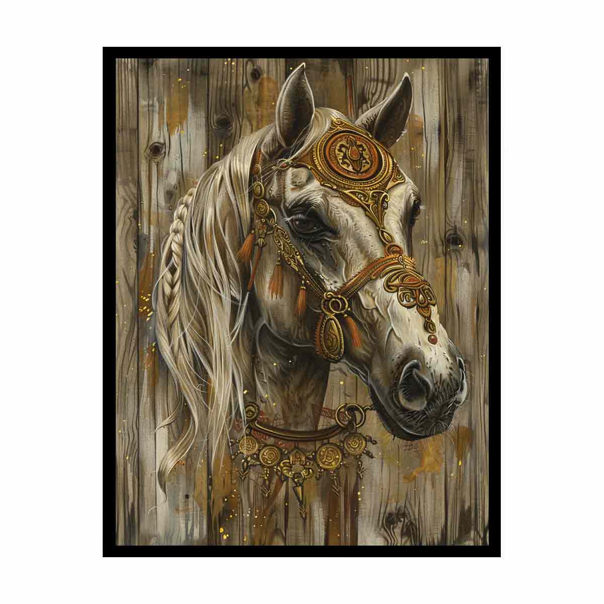 Ornate white horse canvas art with gold details for rustic luxury living room decor.