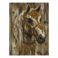Ornate white horse canvas art with gold details for rustic luxury living room decor.