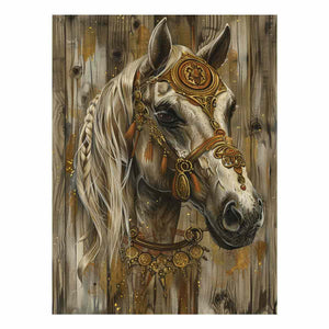 Ornate white horse canvas art with gold details for rustic luxury living room decor.