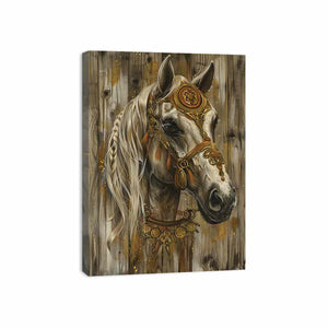 Ornate white horse canvas art with gold details for rustic luxury living room decor.