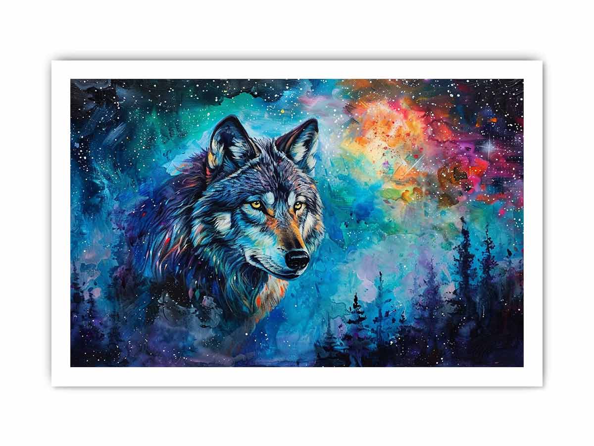 Colorful cosmic wolf canvas art for bold modern bedroom decor.
