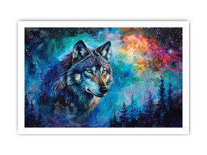 Colorful cosmic wolf canvas art for bold modern bedroom decor.