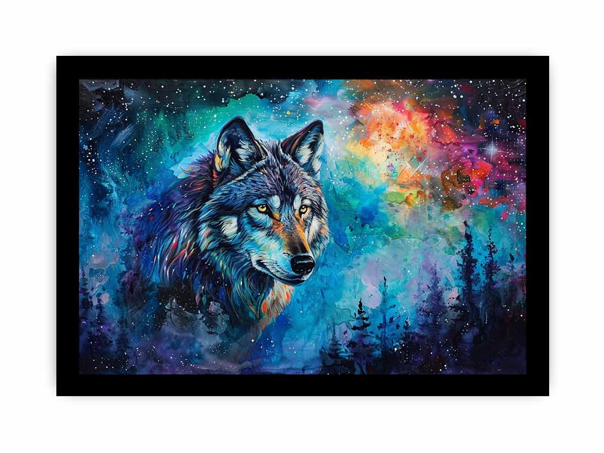 Colorful cosmic wolf canvas art for bold modern bedroom decor.