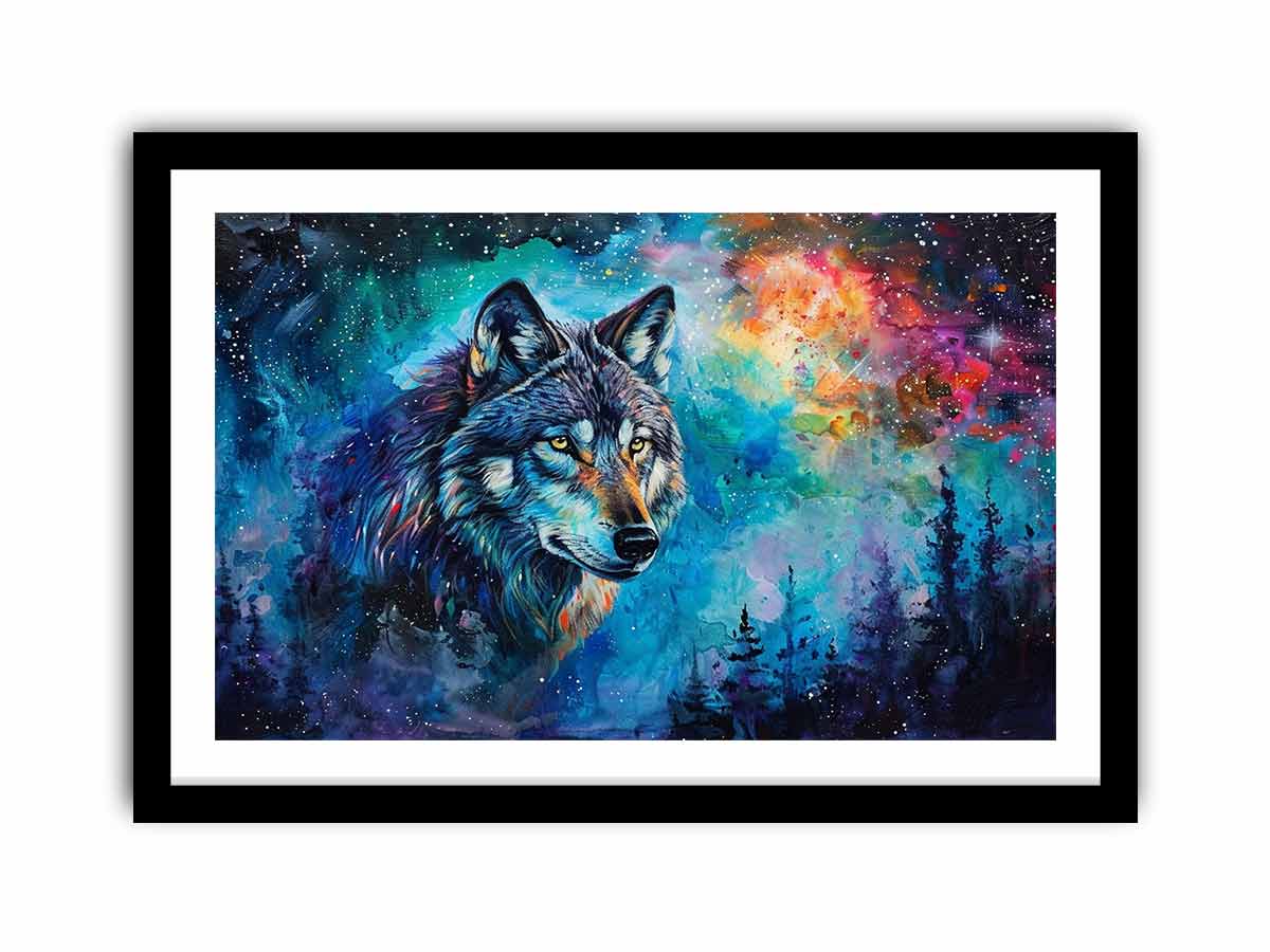 Colorful cosmic wolf canvas art for bold modern bedroom decor.
