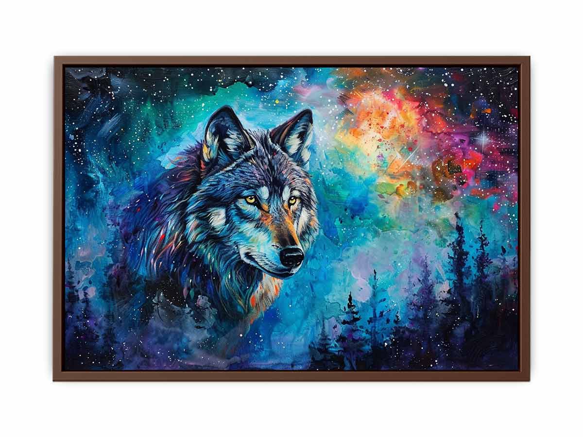 Colorful cosmic wolf canvas art for bold modern bedroom decor.