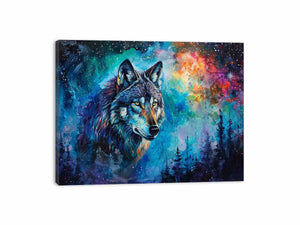 Colorful cosmic wolf canvas art for bold modern bedroom decor.