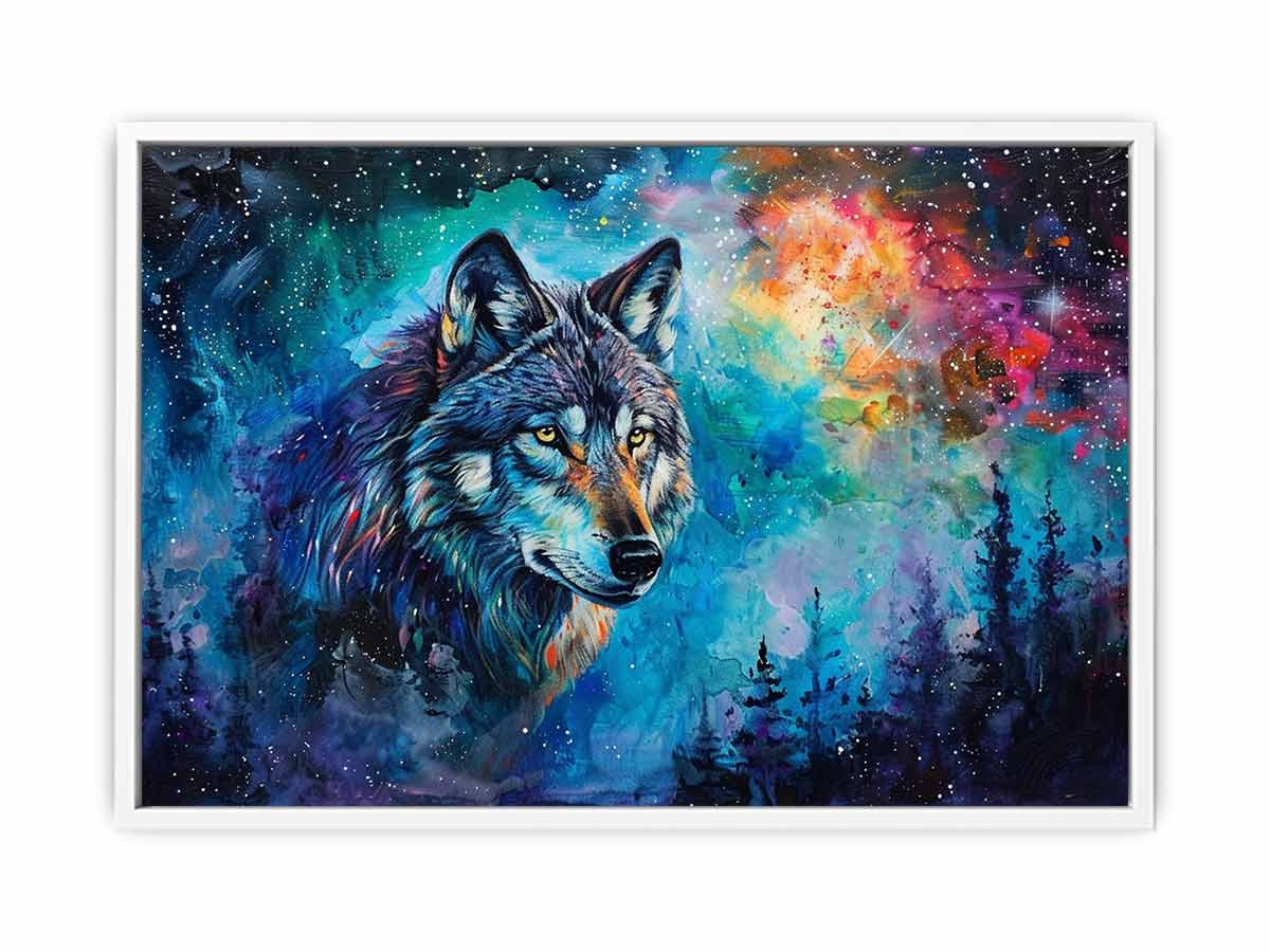 Colorful cosmic wolf canvas art for bold modern bedroom decor.