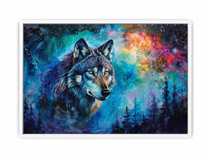 Colorful cosmic wolf canvas art for bold modern bedroom decor.