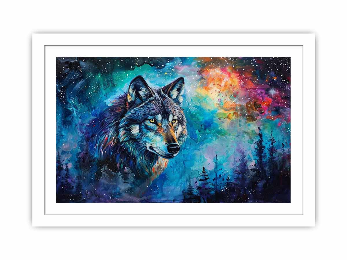 Colorful cosmic wolf canvas art for bold modern bedroom decor.