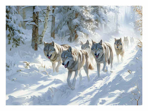 Winter wolf pack canvas wall art for serene cabin and living room decor.