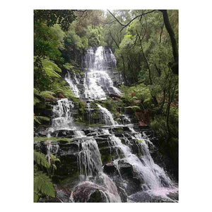 Forest waterfall canvas print for calming green nature wall decor.