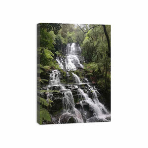 Forest waterfall canvas print for calming green nature wall decor.