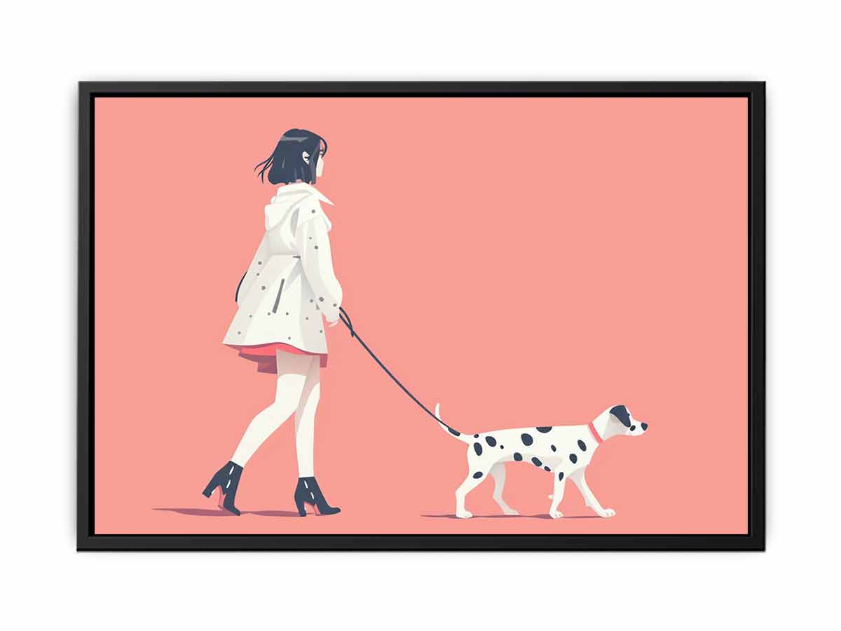 Minimal woman walking dog illustration print for soft modern decor.