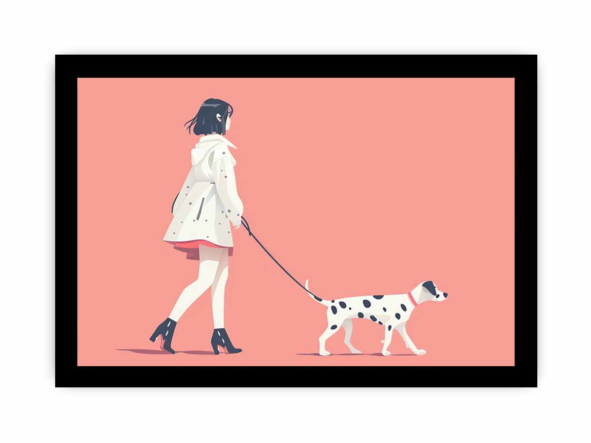 Minimal woman walking dog illustration print for soft modern decor.