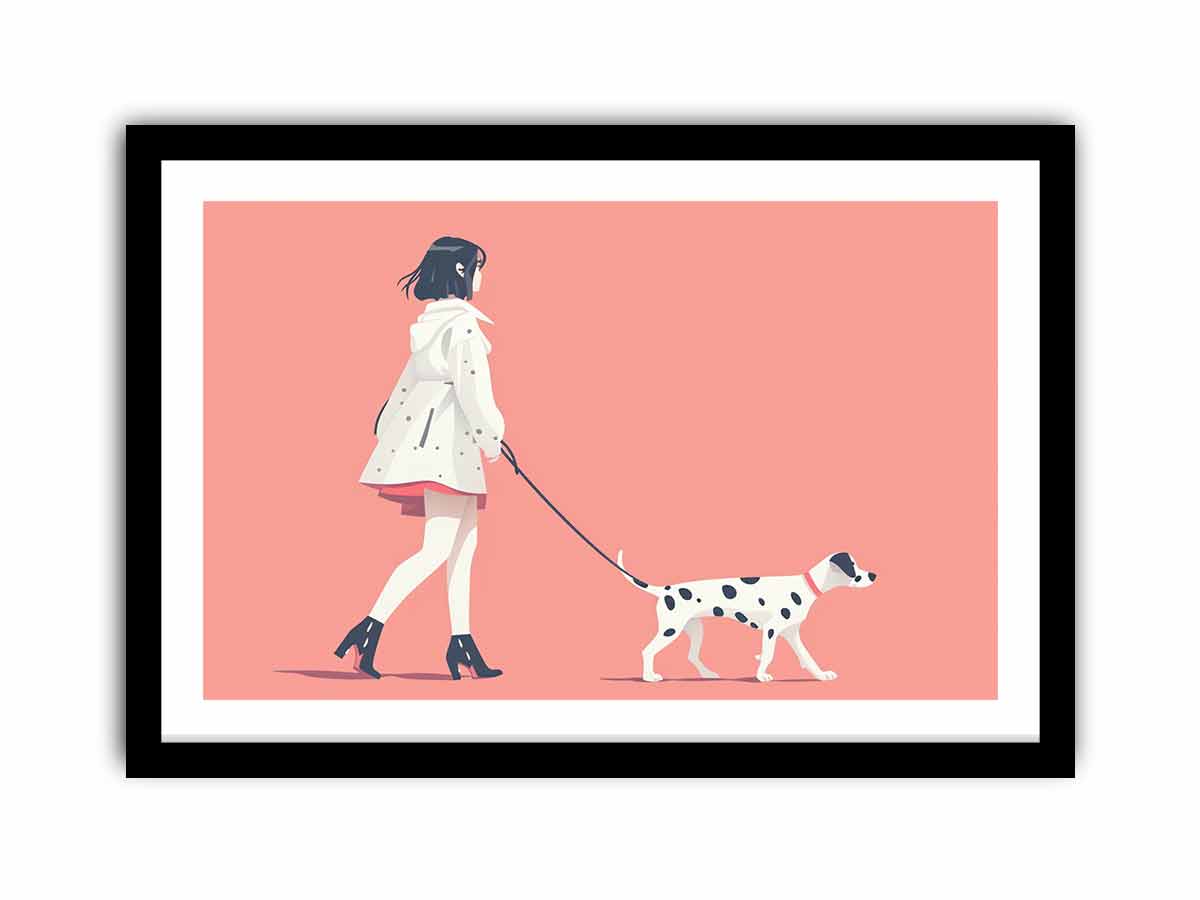 Minimal woman walking dog illustration print for soft modern decor.