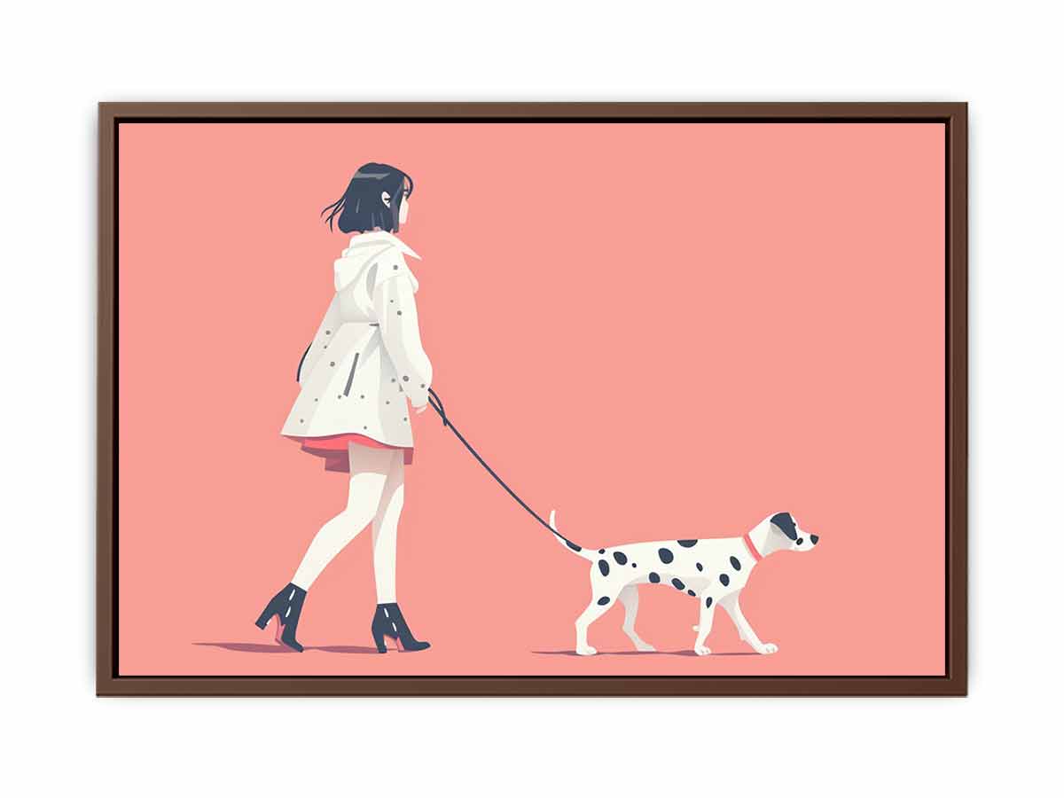 Minimal woman walking dog illustration print for soft modern decor.