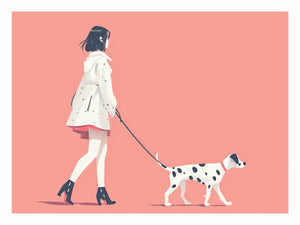 Minimal woman walking dog illustration print for soft modern decor.