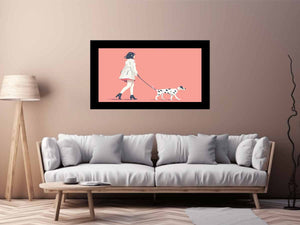 Minimal woman walking dog illustration print for soft modern decor.