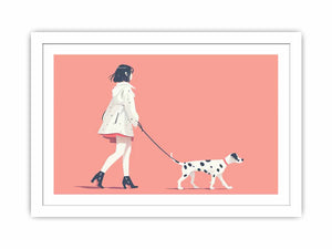 Minimal woman walking dog illustration print for soft modern decor.