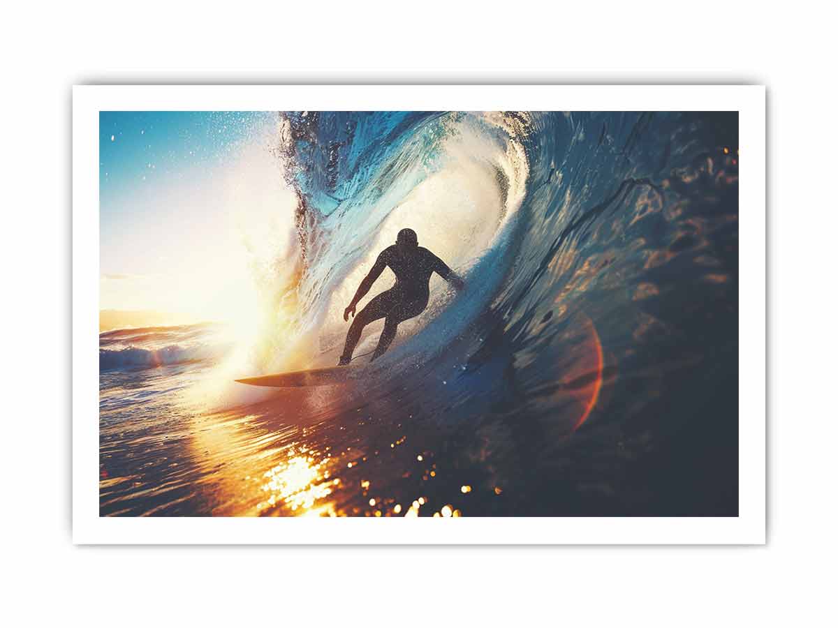 Surfer riding ocean wave canvas art for coastal living room decor.