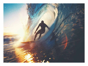 Surfer riding ocean wave canvas art for coastal living room decor.