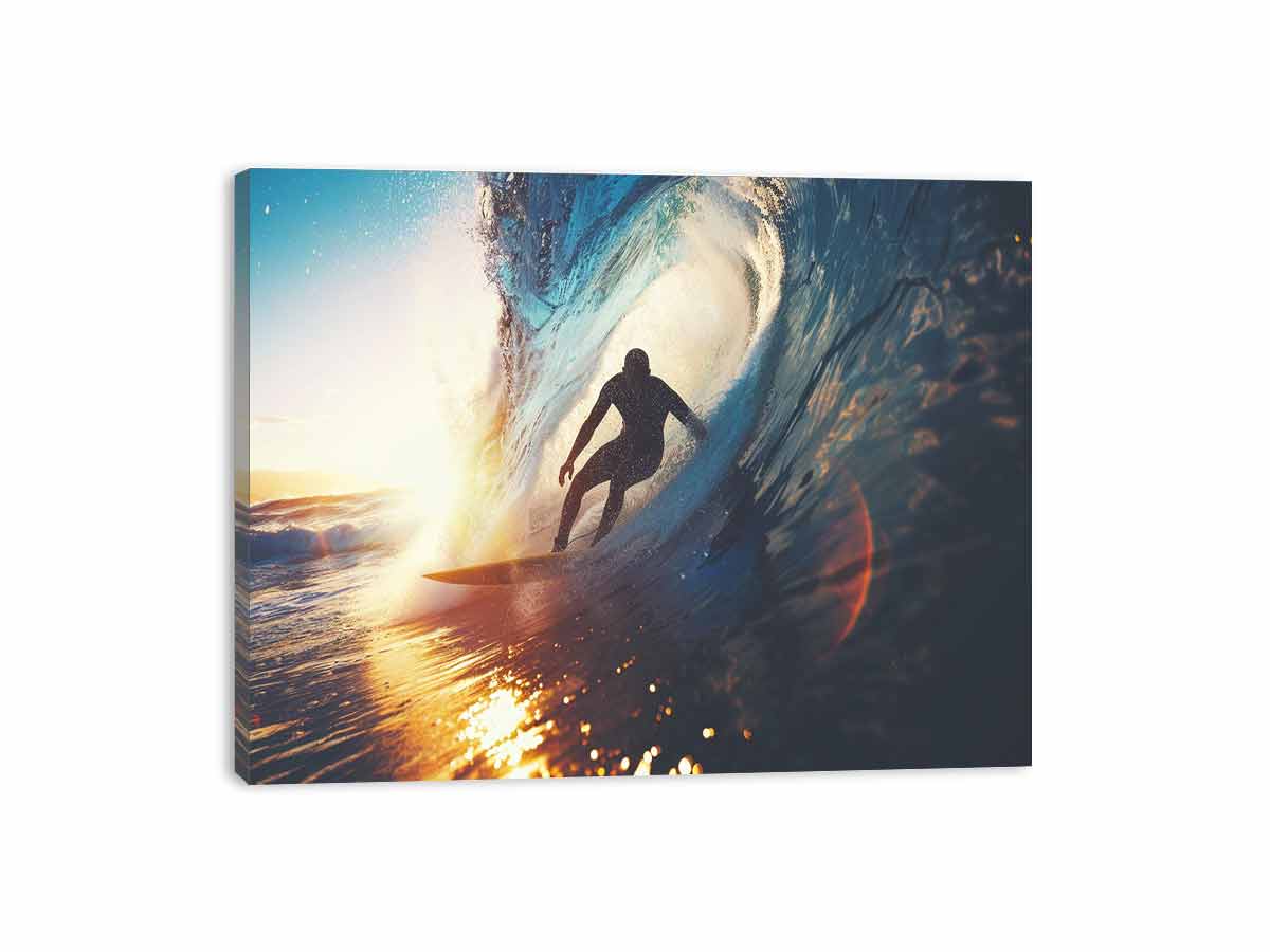 Surfer riding ocean wave canvas art for coastal living room decor.