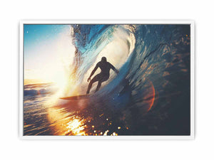 Surfer riding ocean wave canvas art for coastal living room decor.