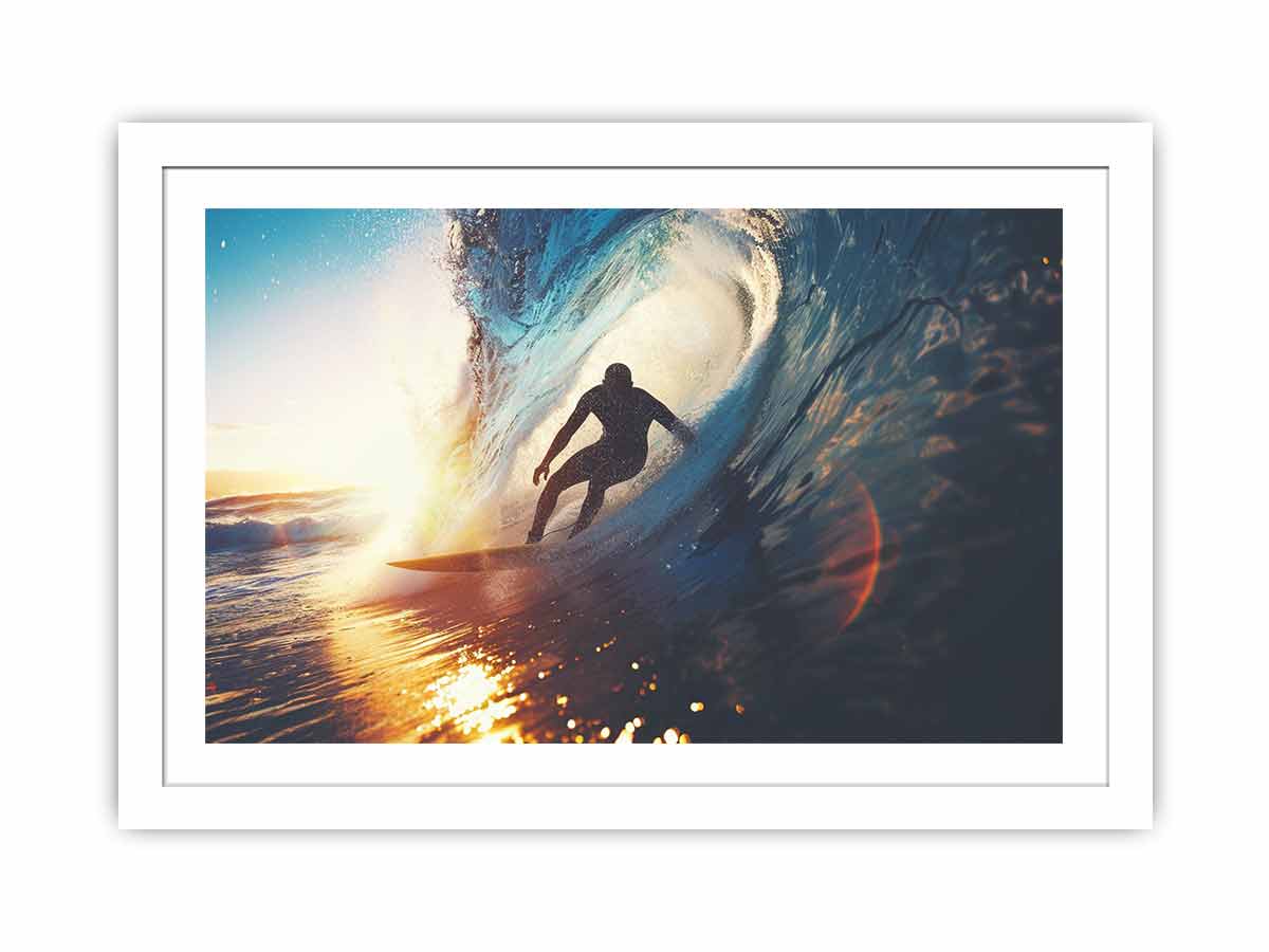 Surfer riding ocean wave canvas art for coastal living room decor.