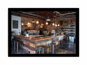 Rustic industrial bar interior canvas print for home bar decor.