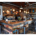 Rustic industrial bar interior canvas print for home bar decor.