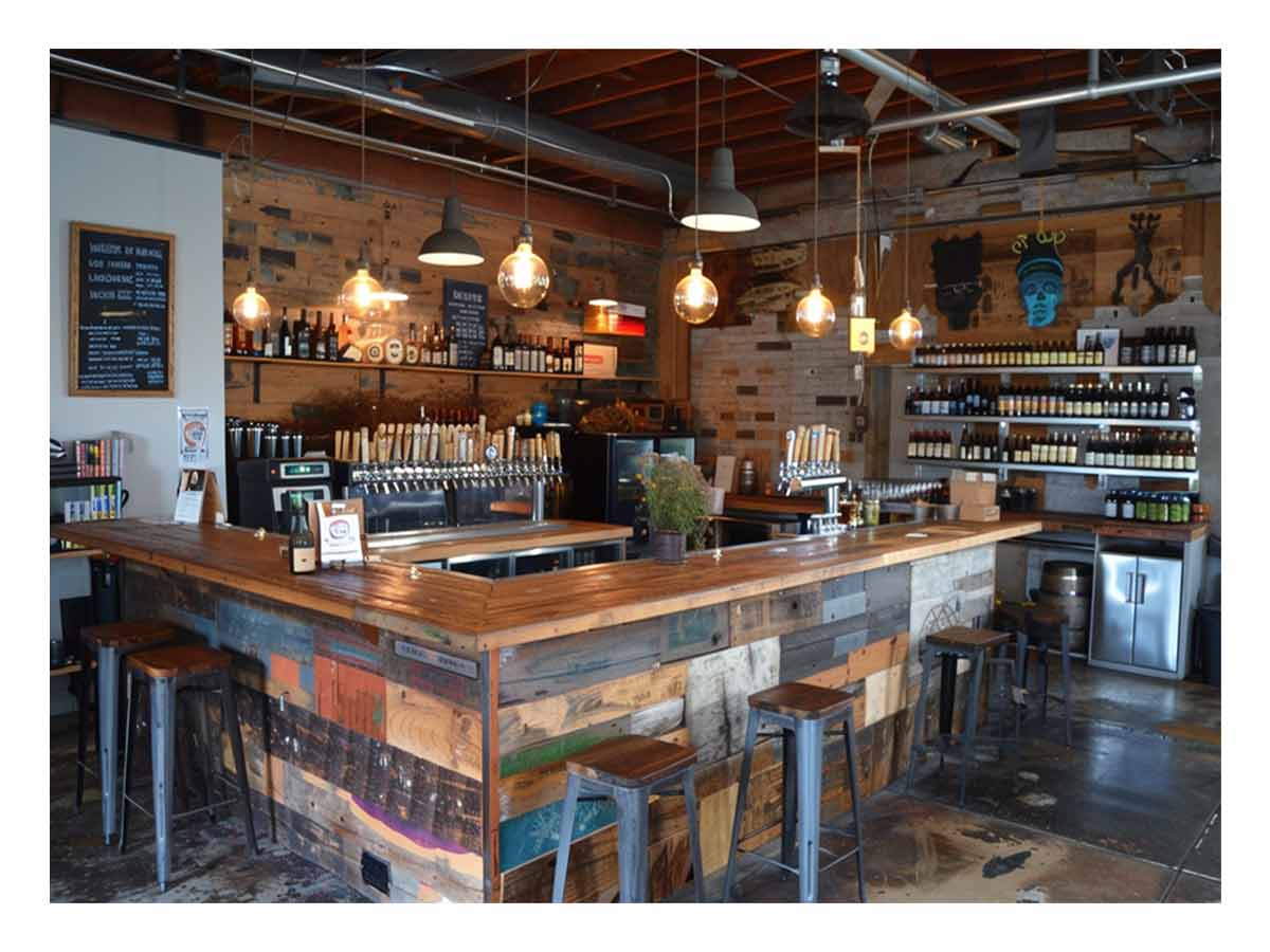 Rustic industrial bar interior canvas print for home bar decor.