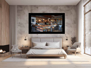 Rustic industrial bar interior canvas print for home bar decor.