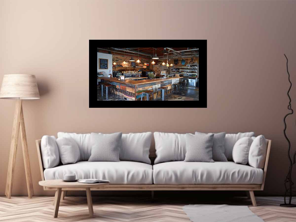 Rustic industrial bar interior canvas print for home bar decor.