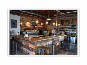 Rustic industrial bar interior canvas print for home bar decor.