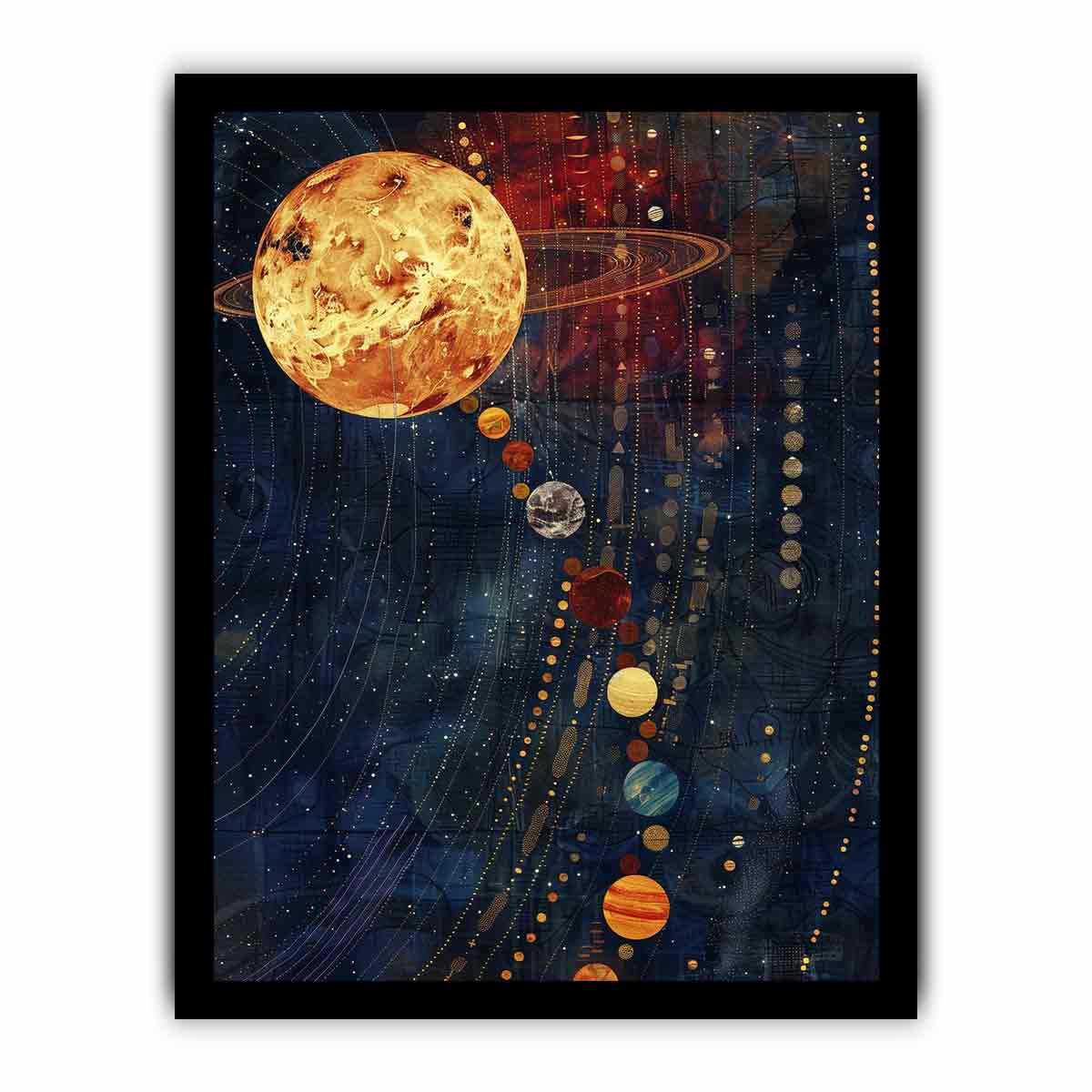 Celestial planet canvas art with navy and gold space design.