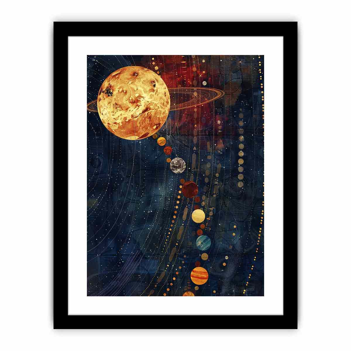 Celestial planet canvas art with navy and gold space design.