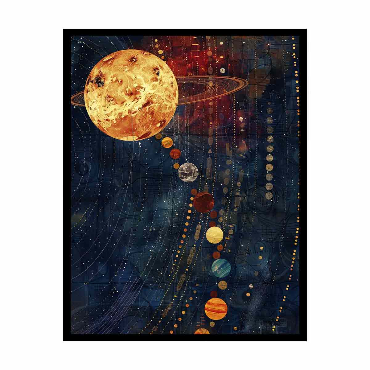 Celestial planet canvas art with navy and gold space design.