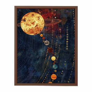 Celestial planet canvas art with navy and gold space design.