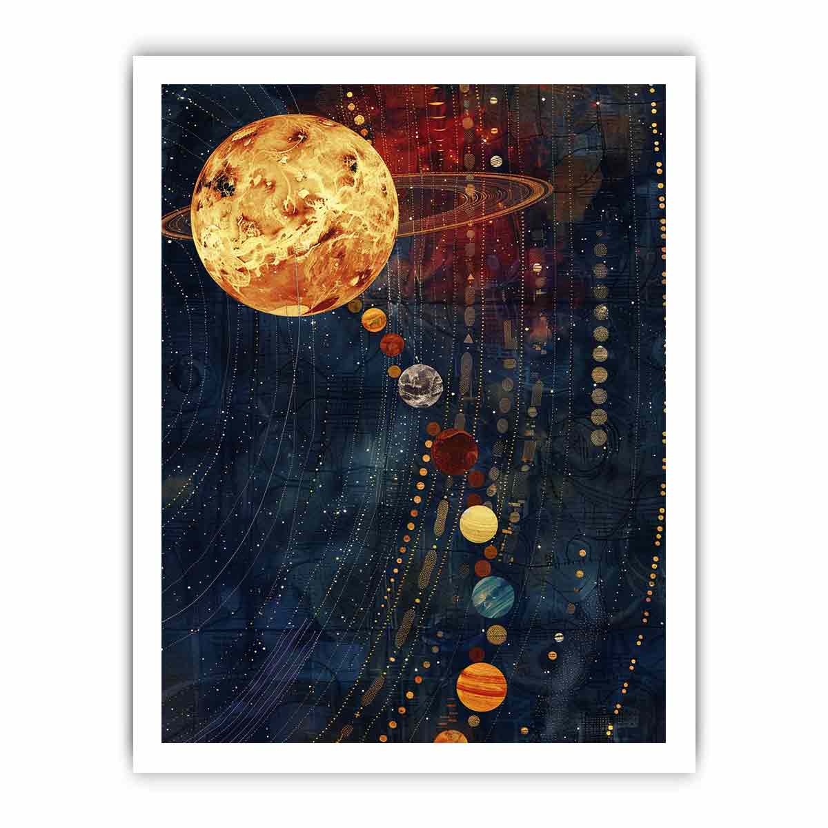 Celestial planet canvas art with navy and gold space design.