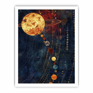 Celestial planet canvas art with navy and gold space design.