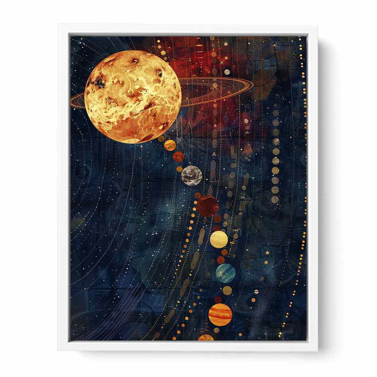 Celestial planet canvas art with navy and gold space design.