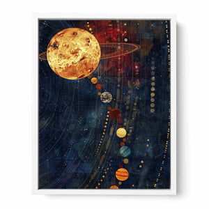 Celestial planet canvas art with navy and gold space design.